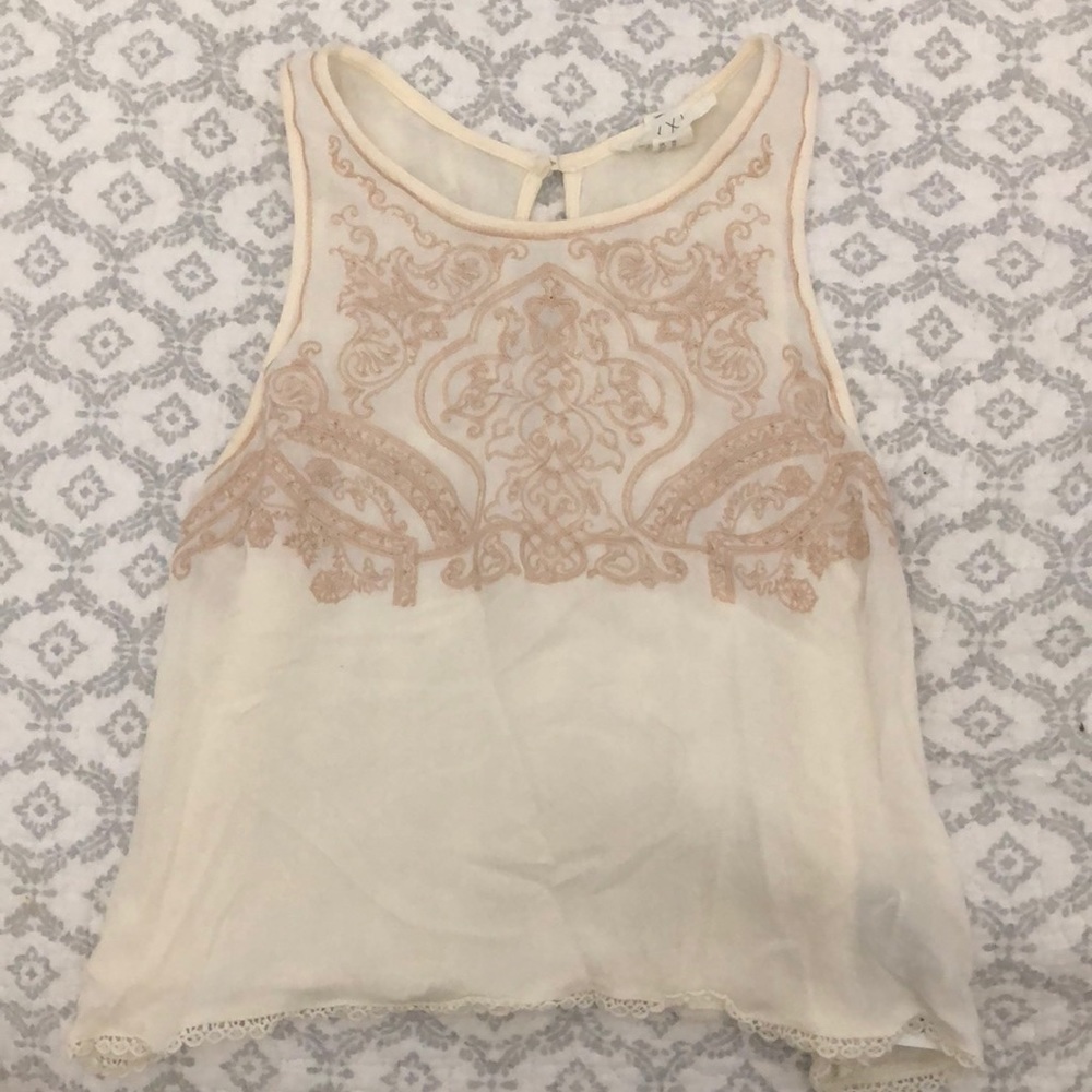 Off-white crop shirt with a rose gold design.